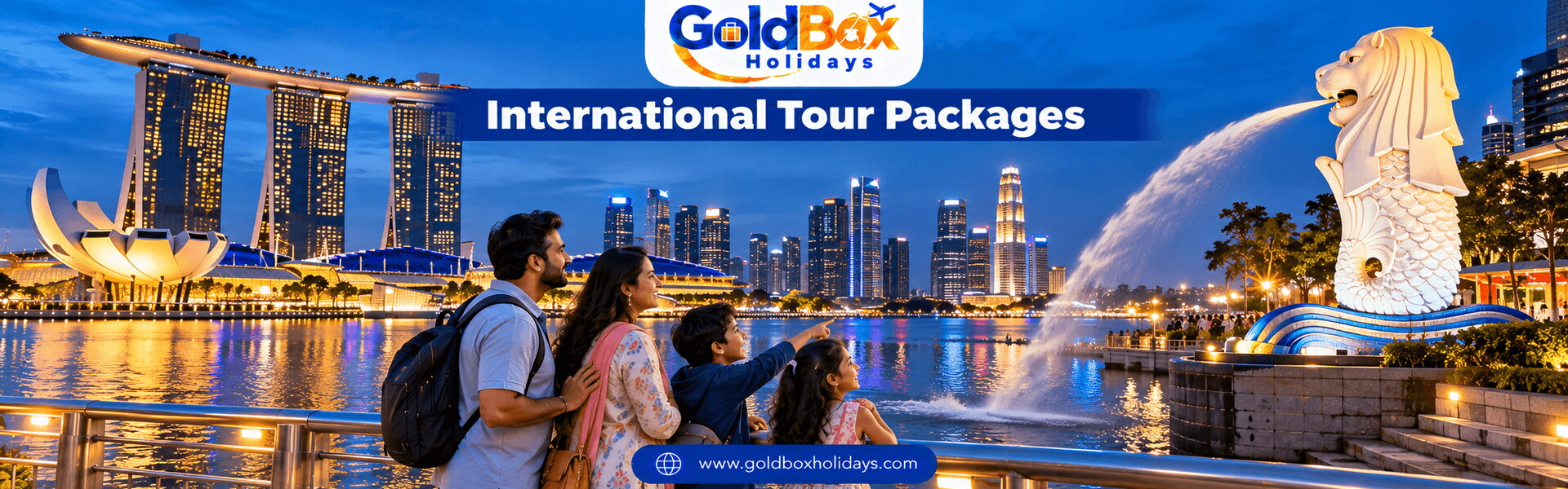 Indian family at Merlion Park with Marina Bay Sands lit at blue hour, international tours