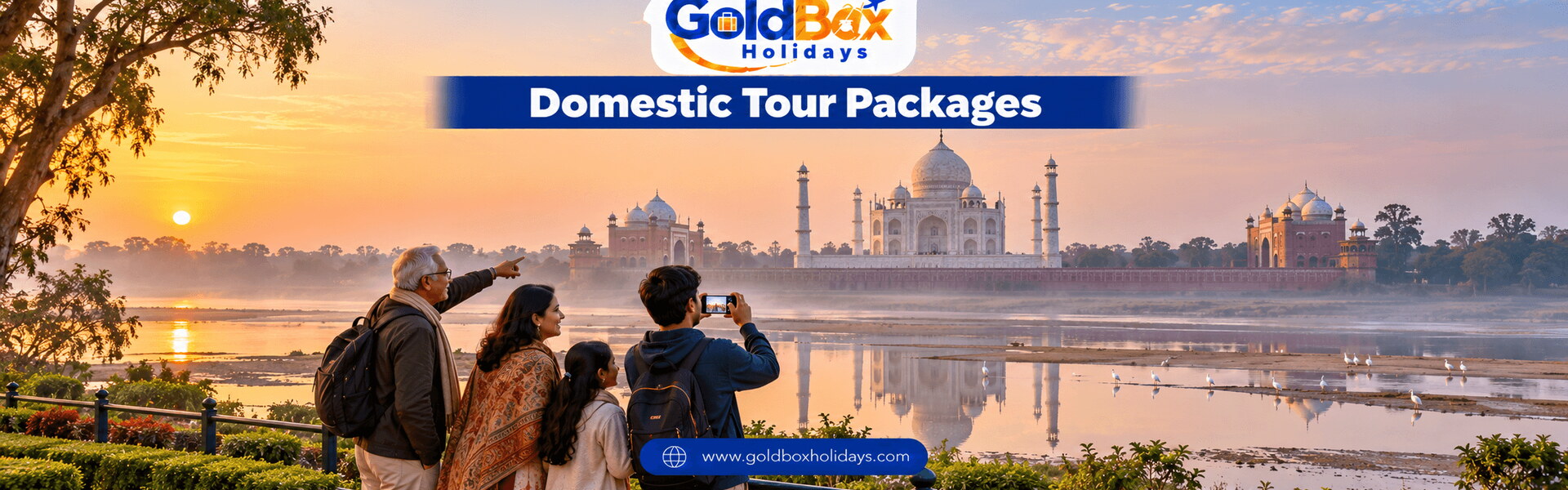 Taj Mahal at sunrise across the Yamuna from Mehtab Bagh with a family watching, India tours