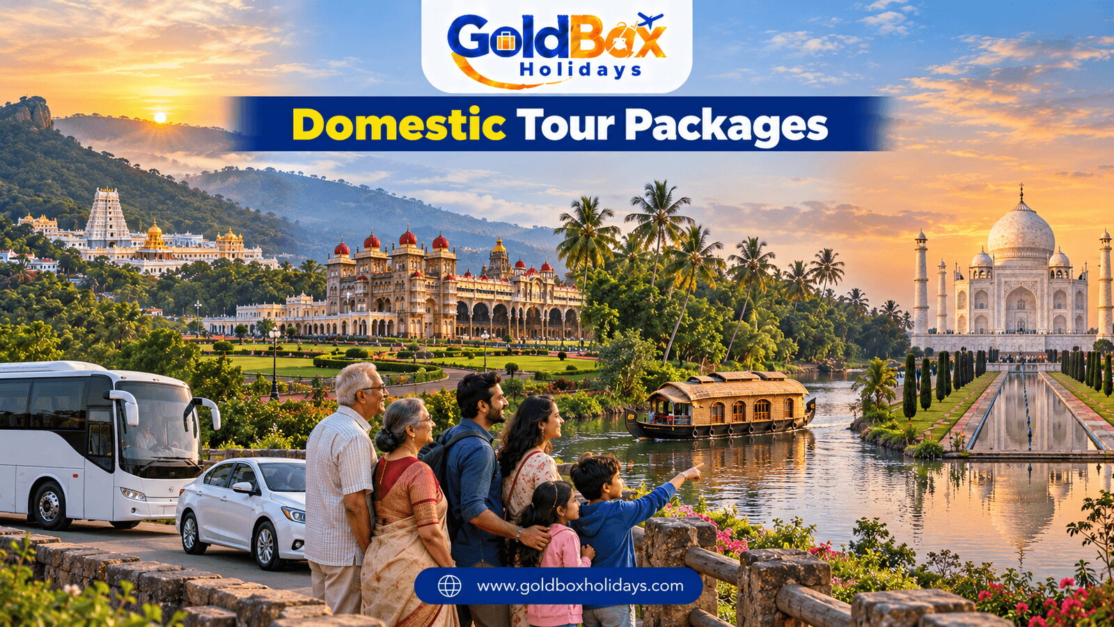 Tirumala hills, Mysore Palace, Kerala houseboat and Taj Mahal - domestic tours in India