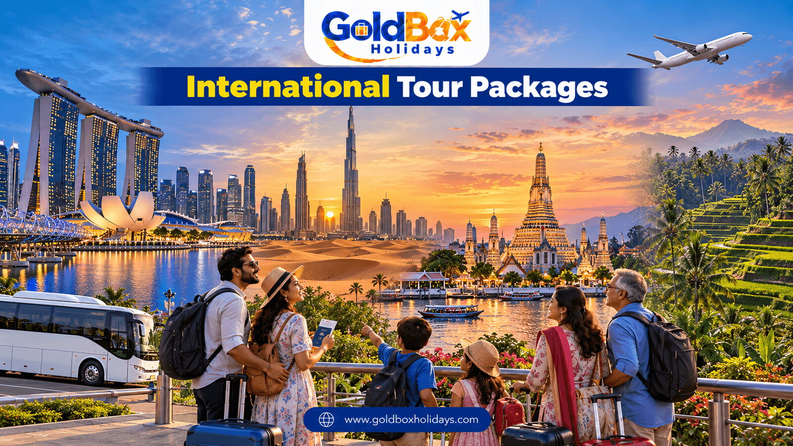 Singapore, Dubai, Bangkok and Bali landmarks - international holidays