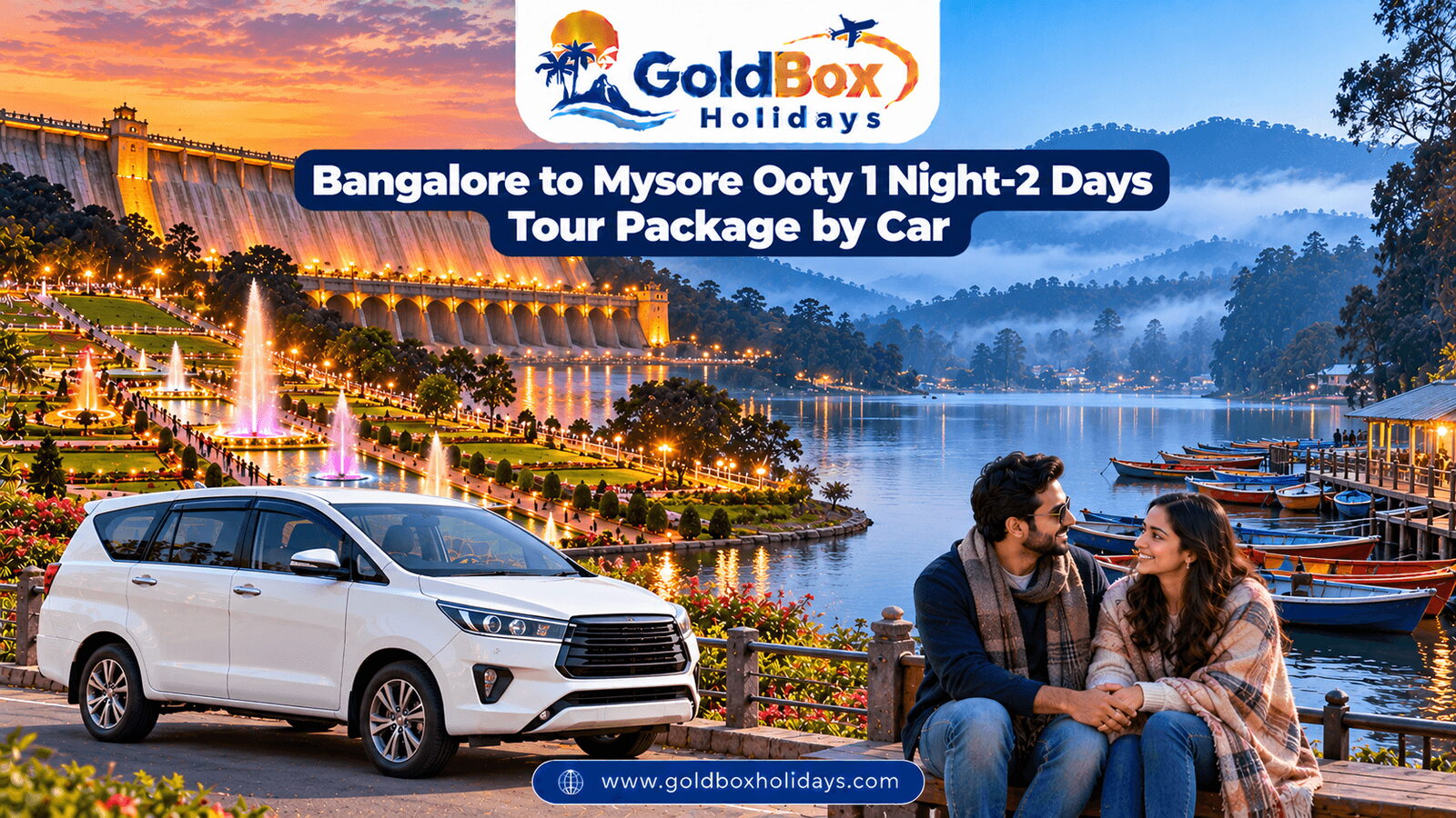 Brindavan Gardens at dusk and Ooty Lake at dawn with a couple, Mysore Ooty 2 day tour by car