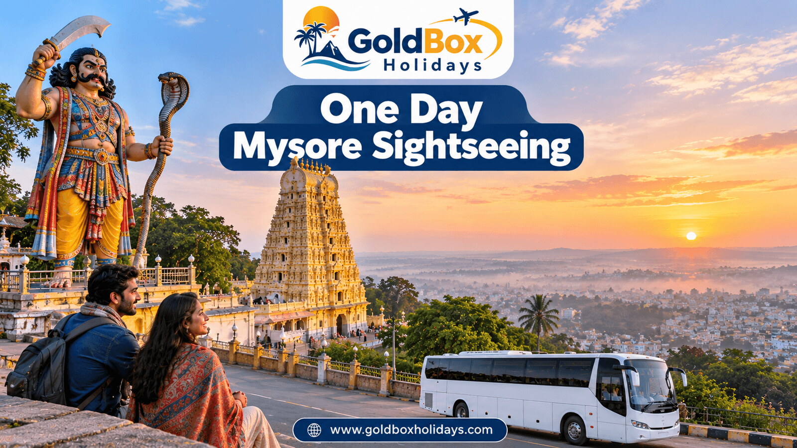 Mahishasura statue and Chamundeshwari temple at dawn over Mysore with a couple, city tour