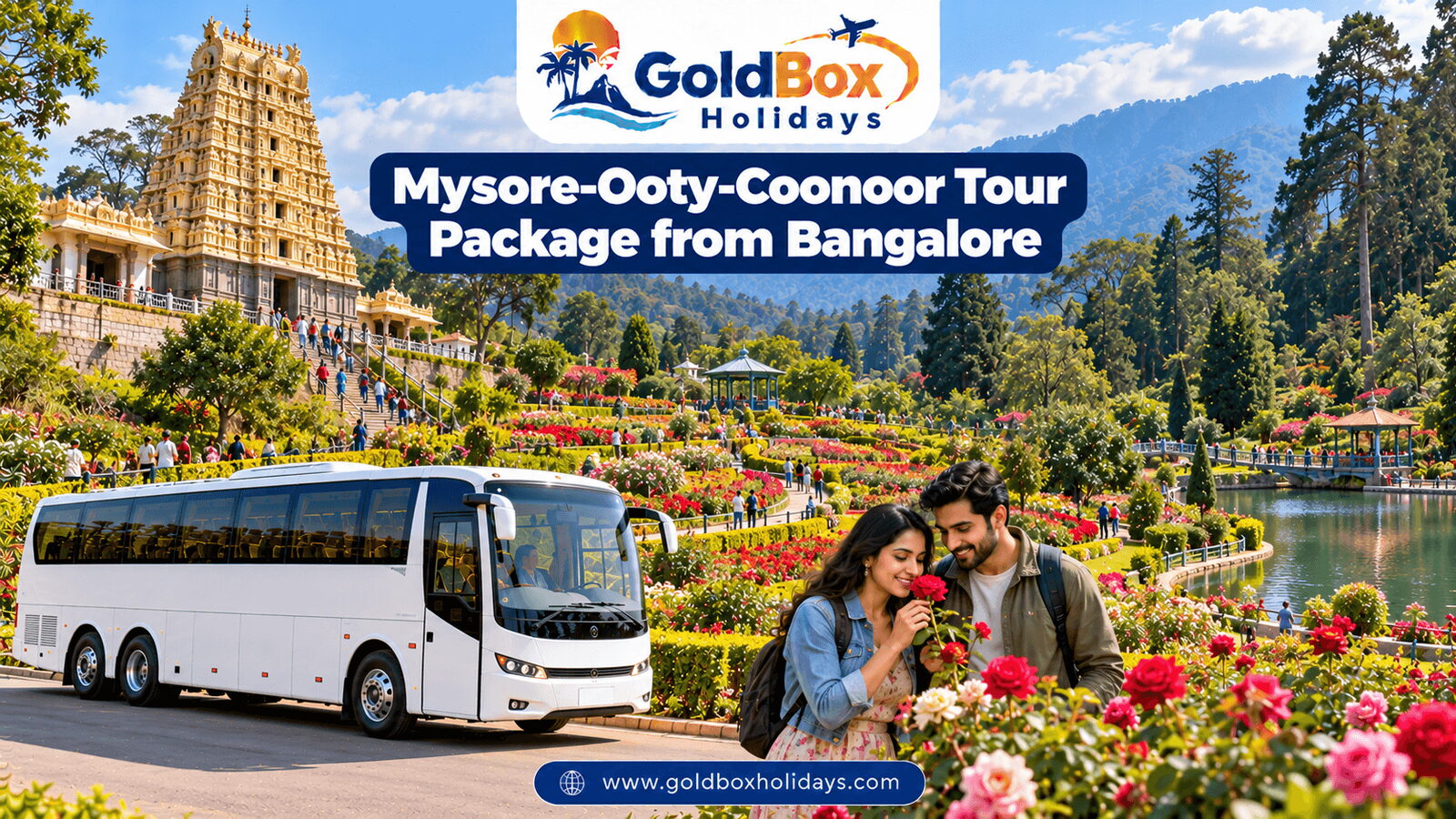 Chamundi temple gopuram, Ooty Rose Garden and Sim's Park Coonoor with a couple, 3 day tour