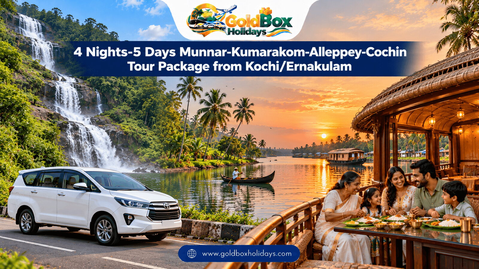 Cheeyappara falls, Vembanad lake at Kumarakom and an Alleppey houseboat at dusk with a family