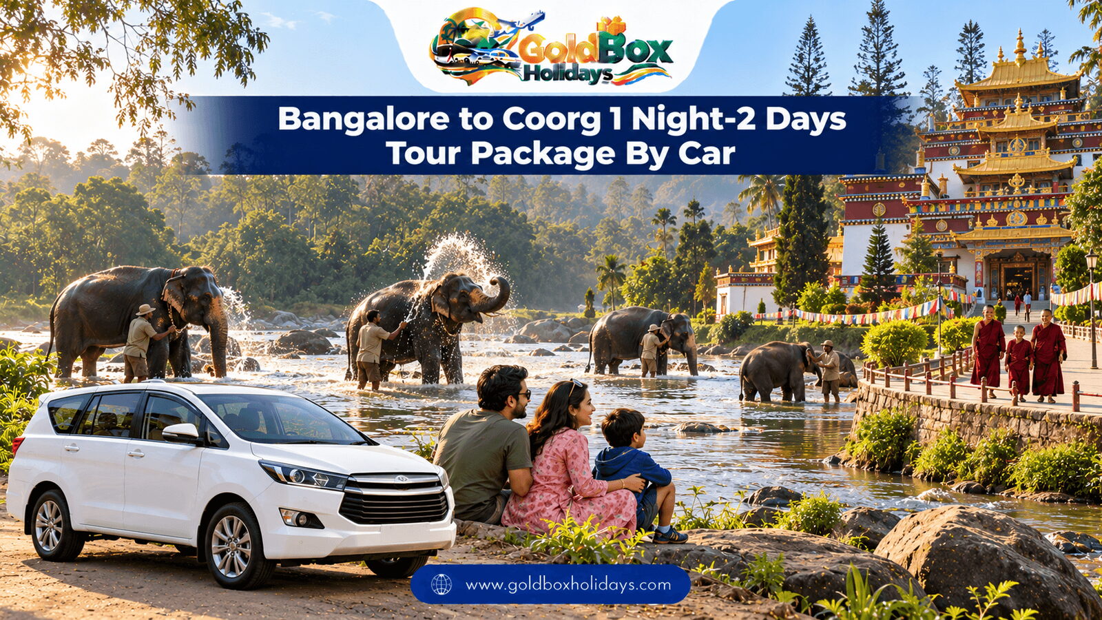 Elephants bathing in the Kaveri at Dubare and the Namdroling golden temple with a family