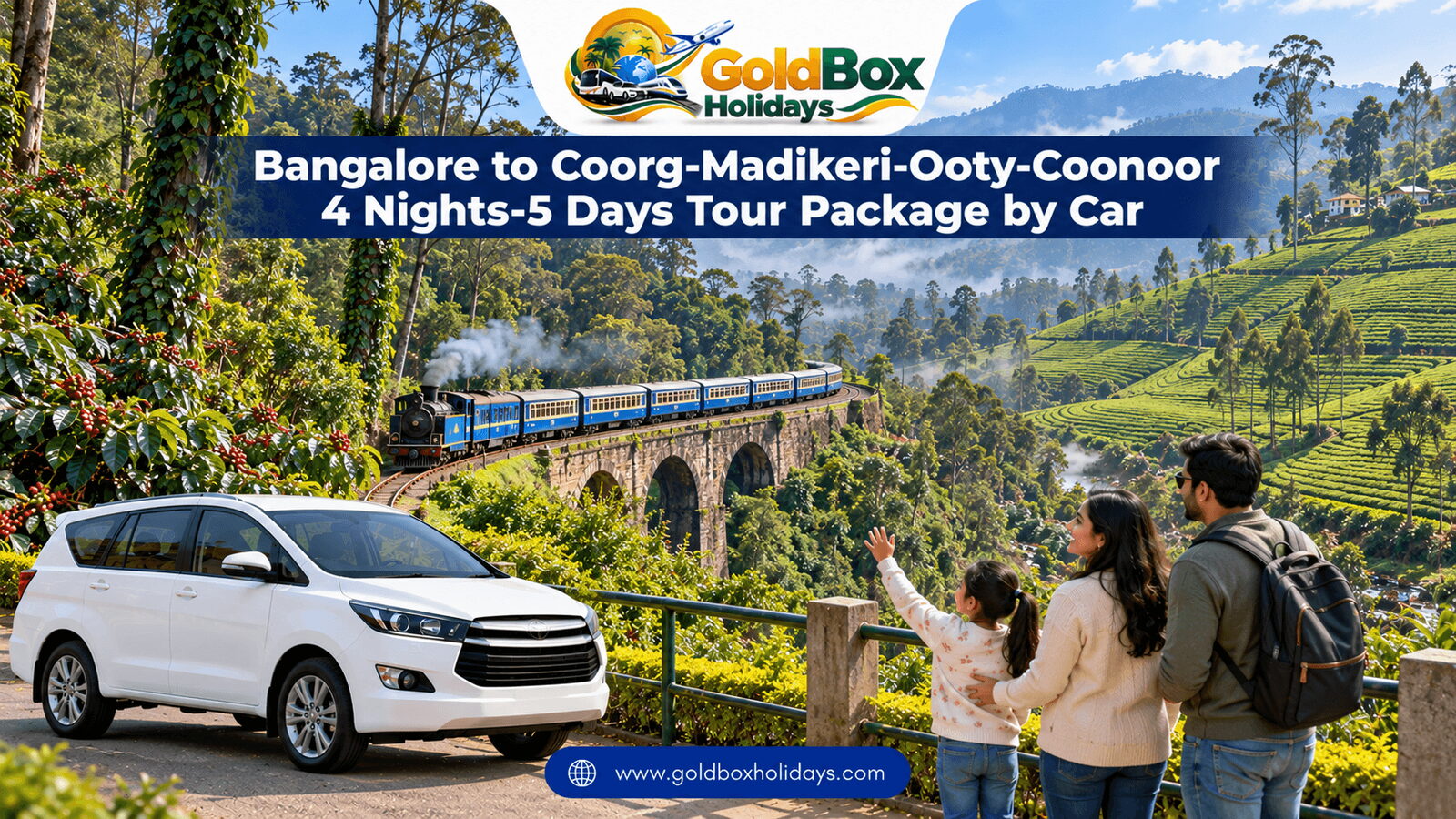 Coorg coffee hills, the Nilgiri toy train on a bridge and Coonoor tea estates with a family