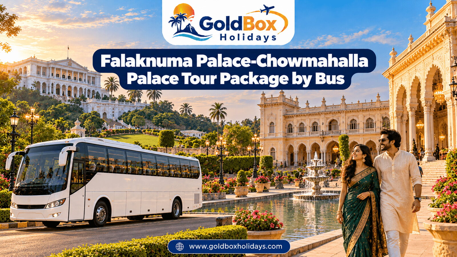Falaknuma Palace and Chowmahalla Palace fountain court with a couple, palace tour