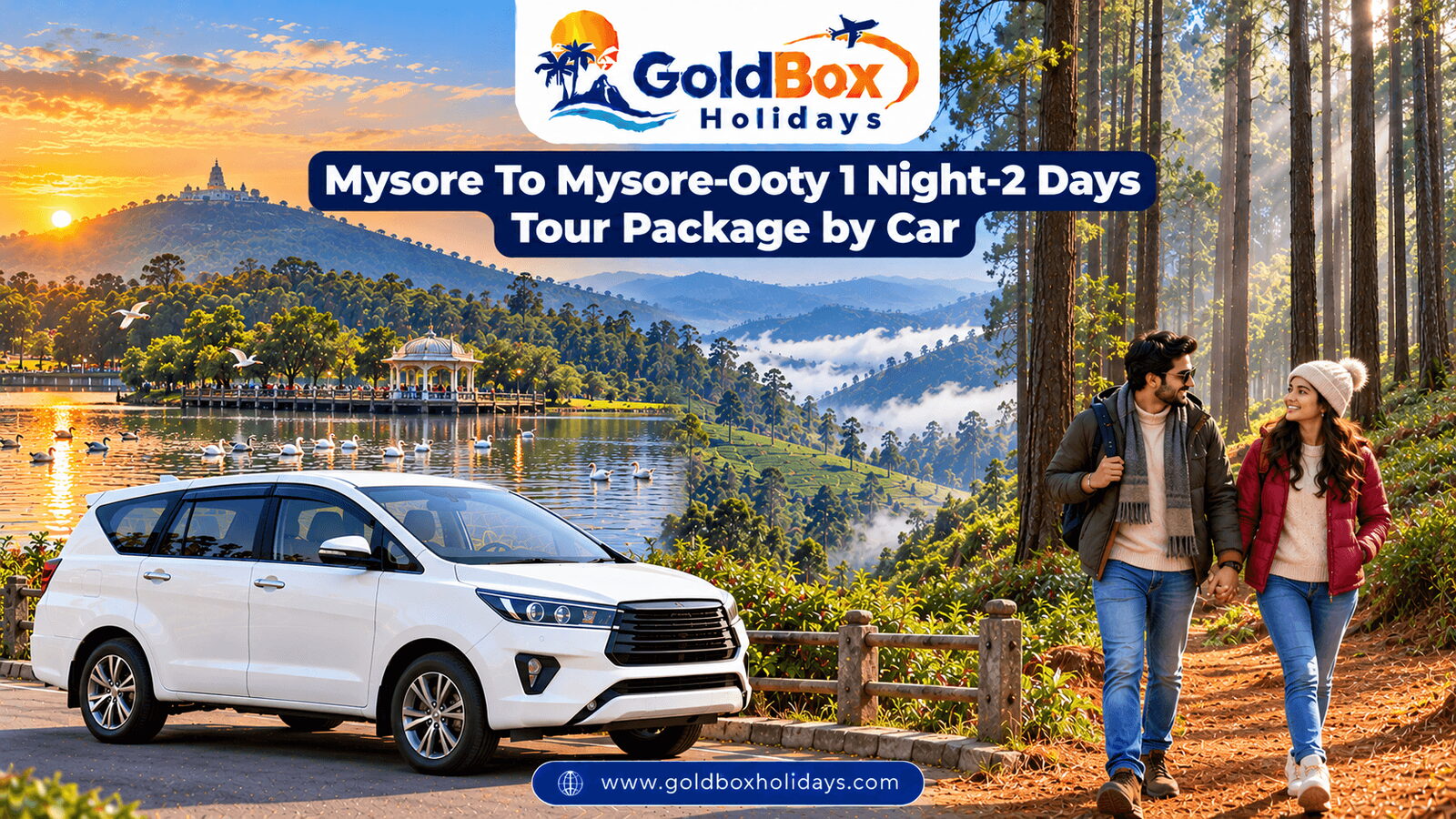 Karanji Lake at sunrise and misty Ooty pine forest with a couple, Mysore Ooty tour by car