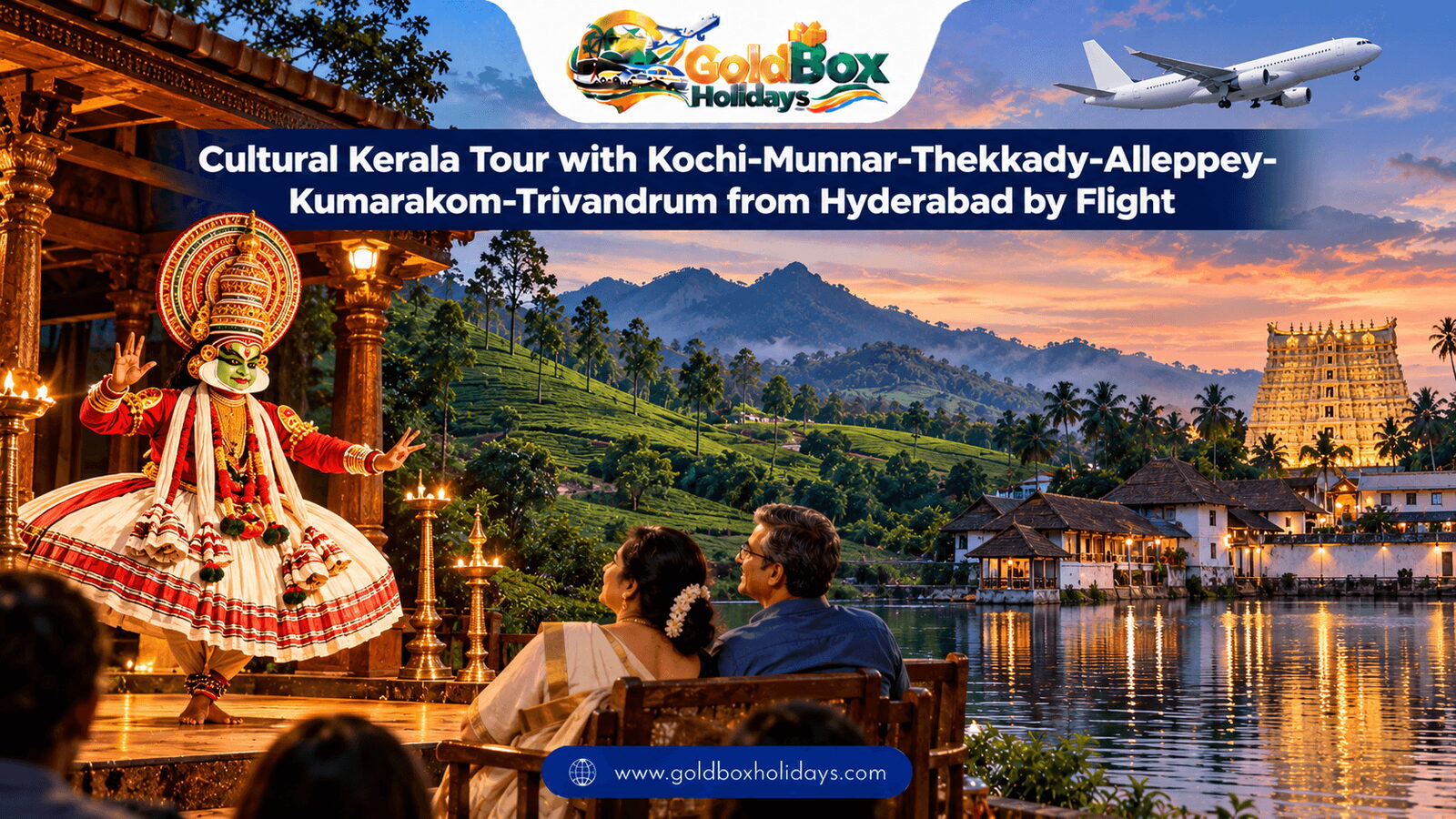 Kathakali artist in Kochi, Munnar tea hills and the Padmanabhaswamy temple tower in Trivandrum