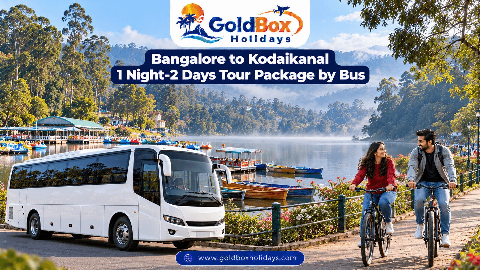 Couple cycling by misty Kodaikanal Lake with boats, 1 night 2 days Kodaikanal tour