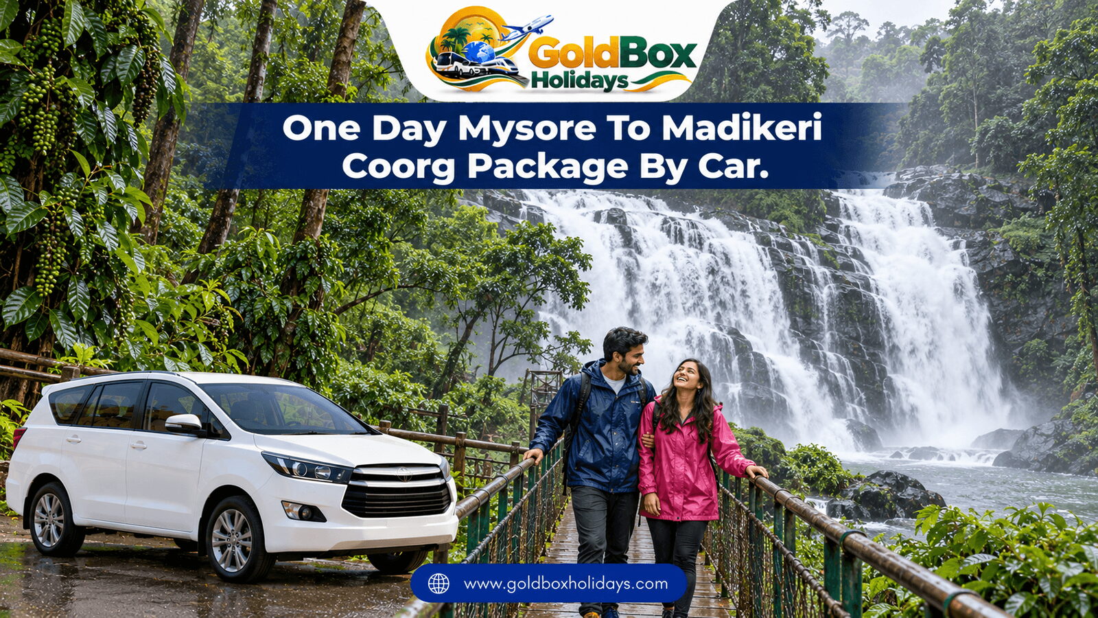 Couple on the hanging bridge in front of Abbey Falls in Madikeri, Coorg, in the monsoon