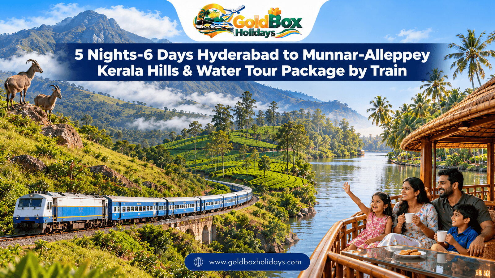 Nilgiri tahr at Eravikulam, Munnar tea hills and an Alleppey houseboat with a family