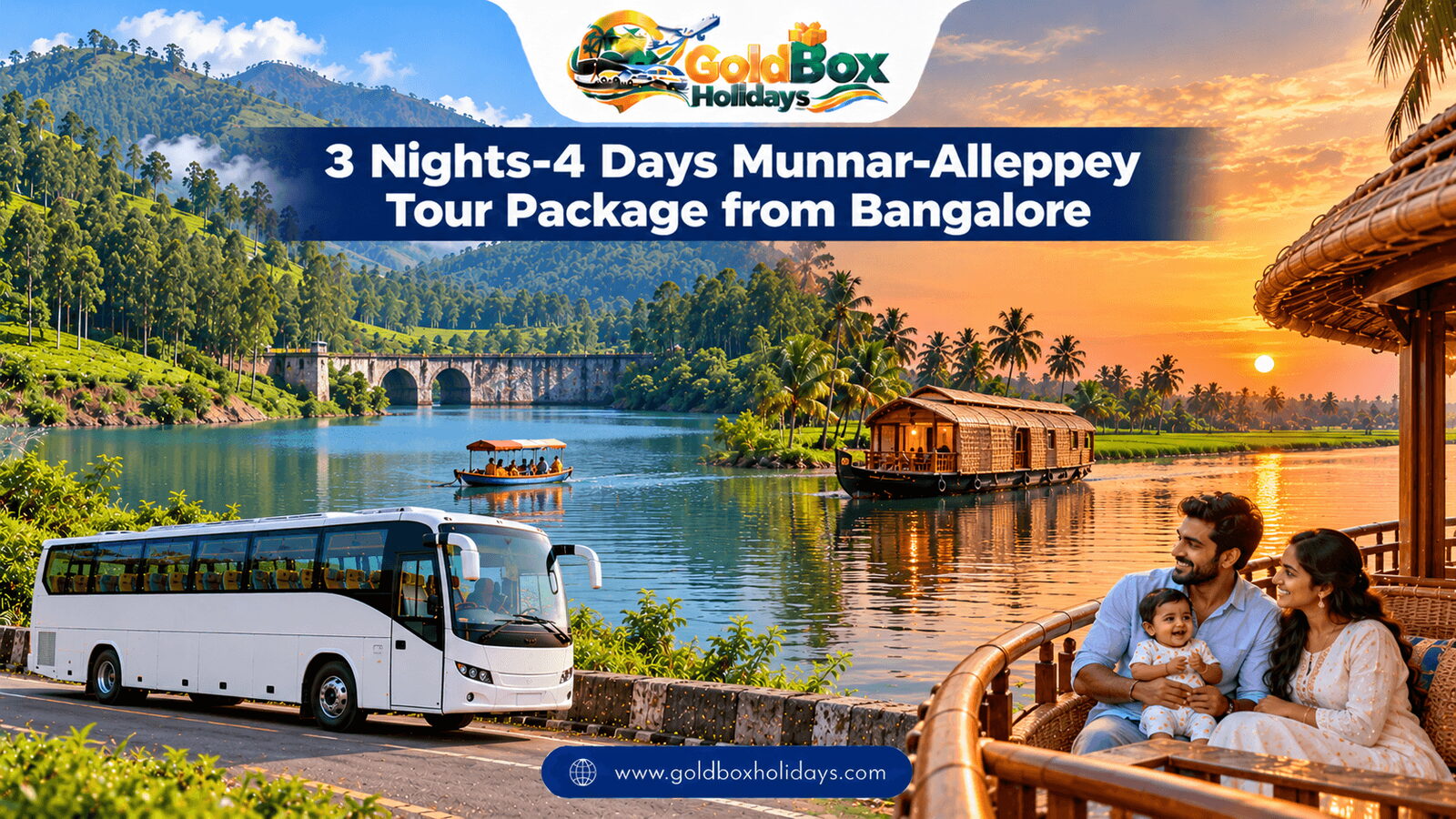 Kundala lake boating in Munnar and a sunset houseboat in Alleppey paddy fields with a family