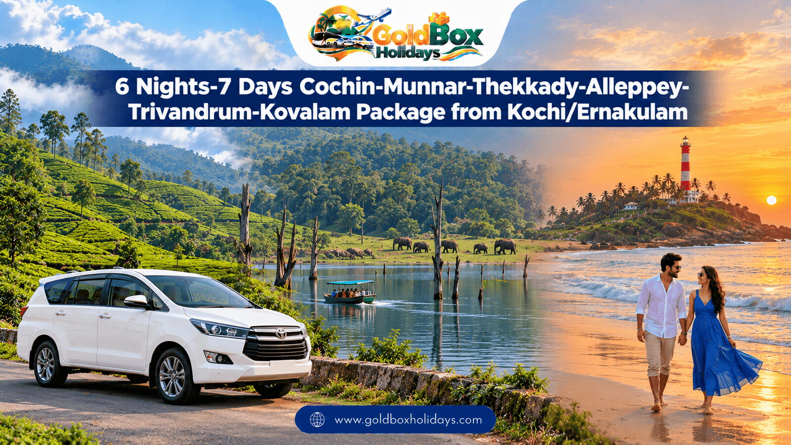 Munnar tea hills, elephants at Periyar lake in Thekkady and Kovalam lighthouse beach at sunset