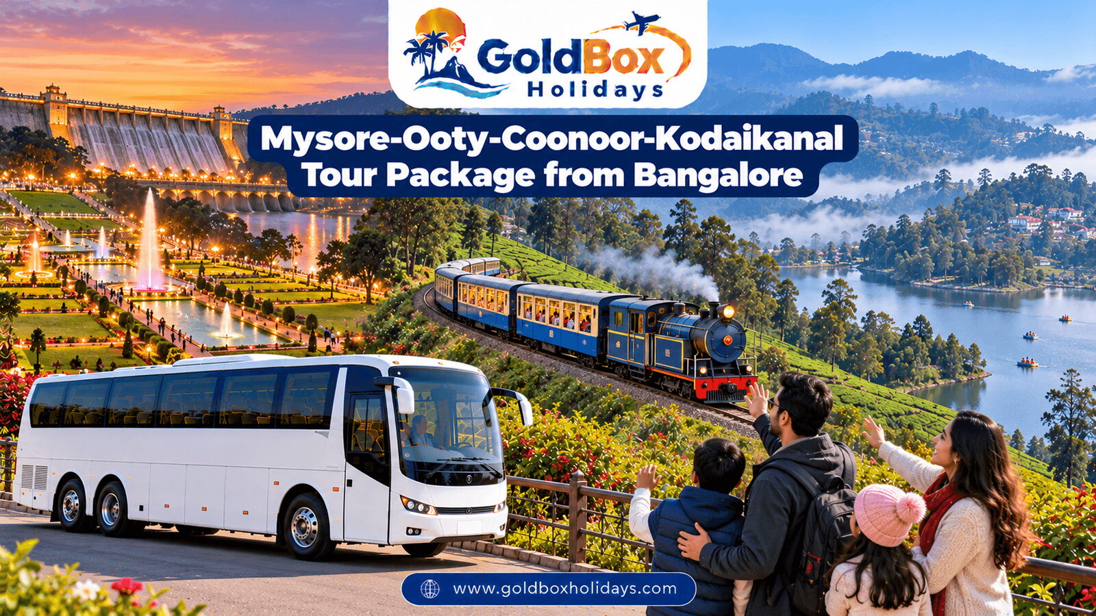 Brindavan Gardens, Nilgiri toy train on tea slopes and Kodaikanal Lake with a family, 5 days