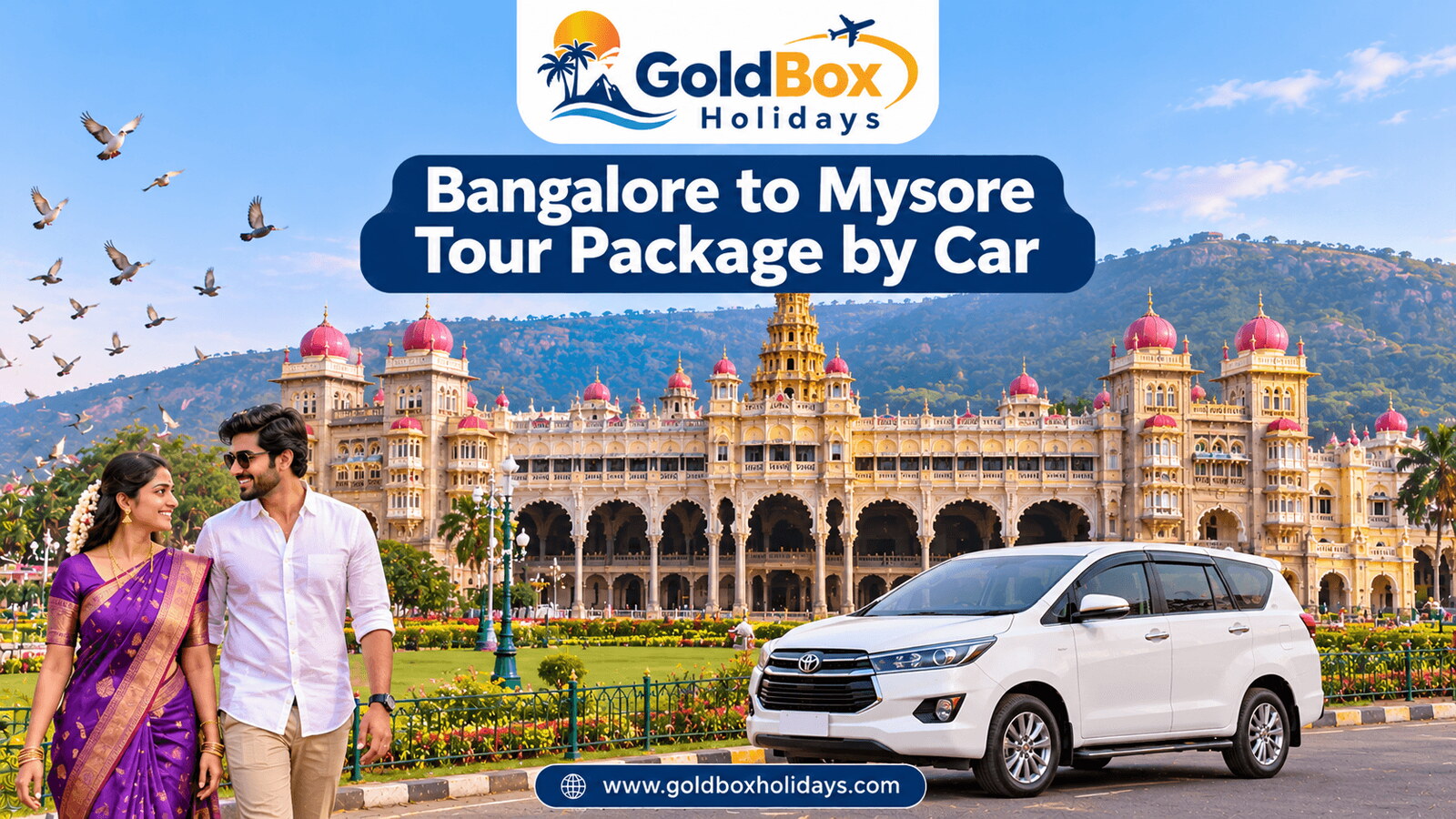 Mysore Palace in late afternoon with Chamundi Hills behind and a couple, one day tour by car