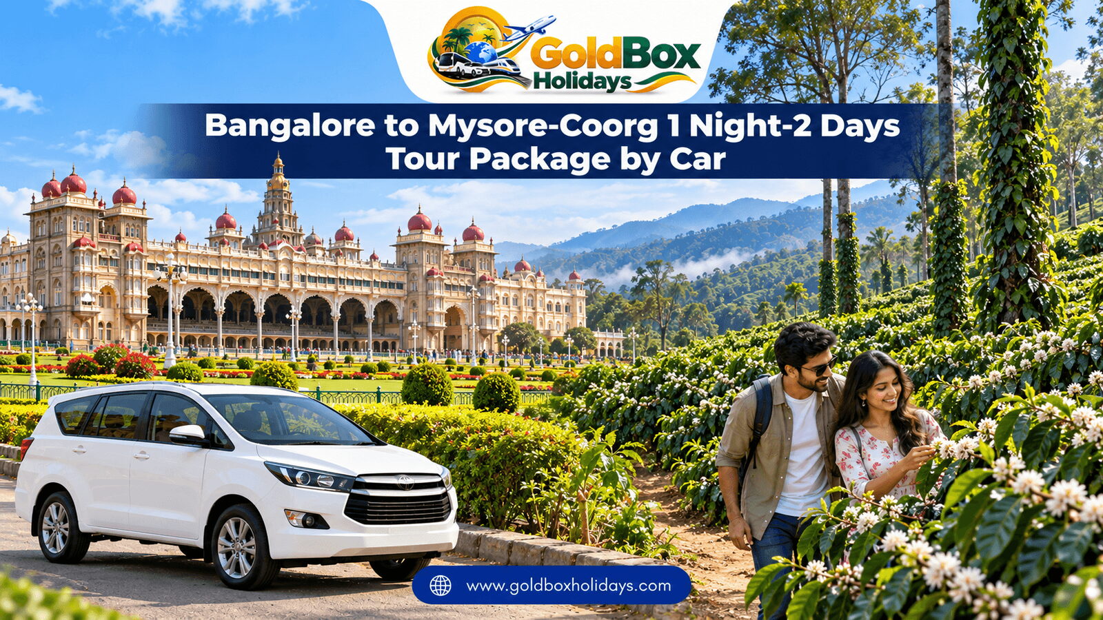 Mysore Palace in morning sun and a Coorg coffee estate in bloom with a young couple