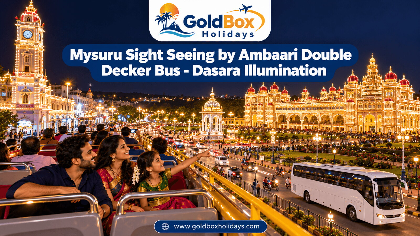 Tourists on an open-top double-decker passing the lit Mysore Palace at Dasara night