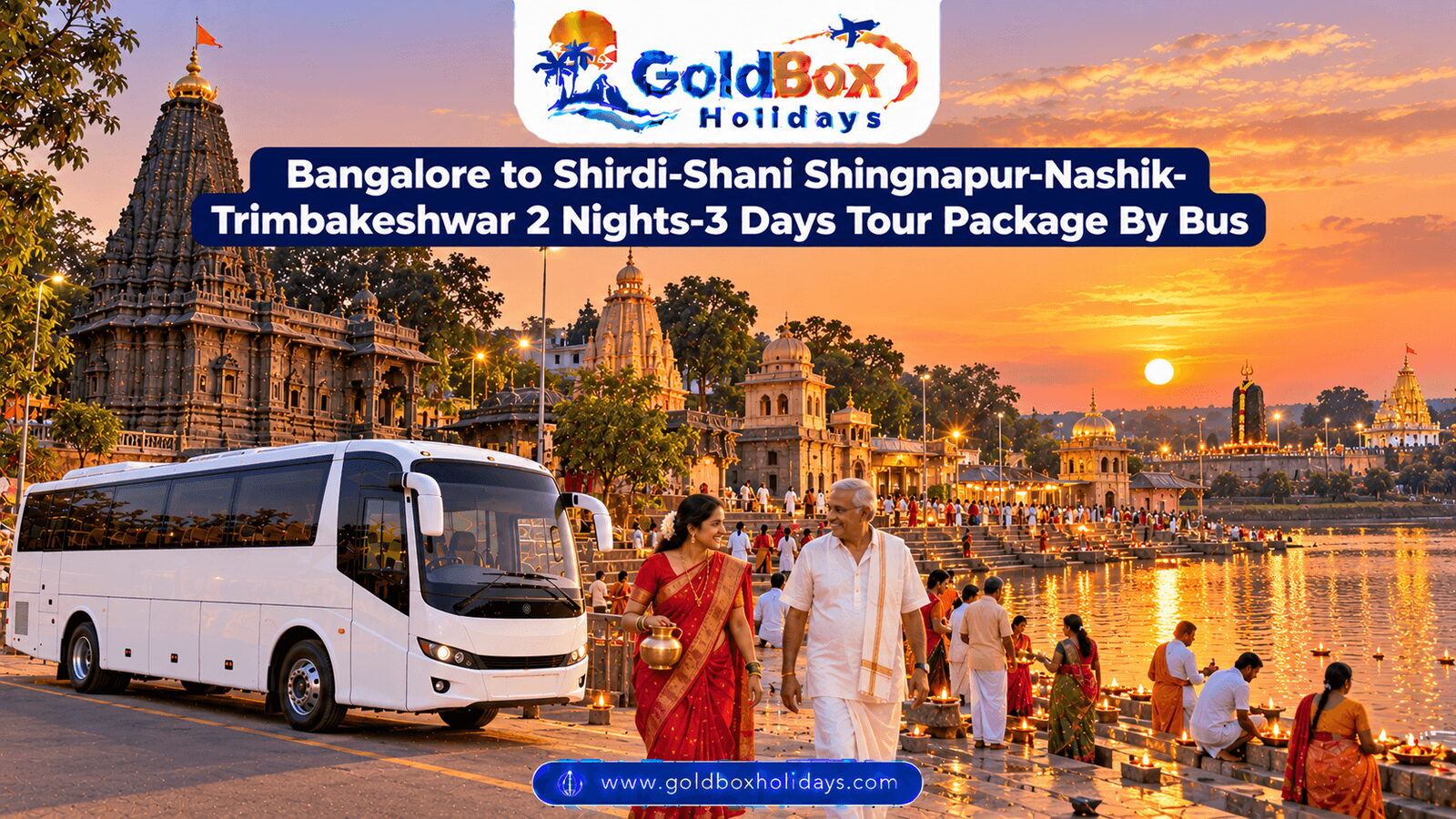 Kalaram temple and Godavari ghats at Nashik at sunset, with Shani Shingnapur and Shirdi beyond