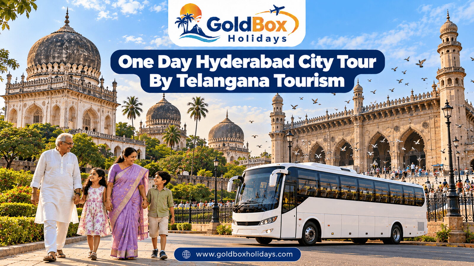 Qutb Shahi Tombs domes and Mecca Masjid with grandparents and children, Hyderabad city tour