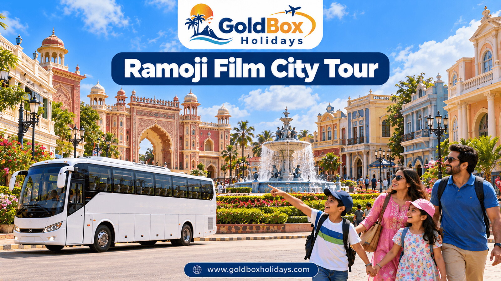Family walking on a colourful film set street with fountain on a sunny day, film city day tour