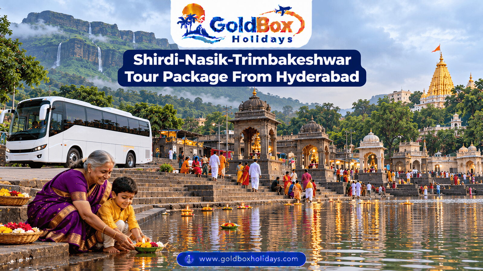 Brahmagiri hills, Ramkund ghat at Nashik and Shirdi spire with a grandmother and grandson