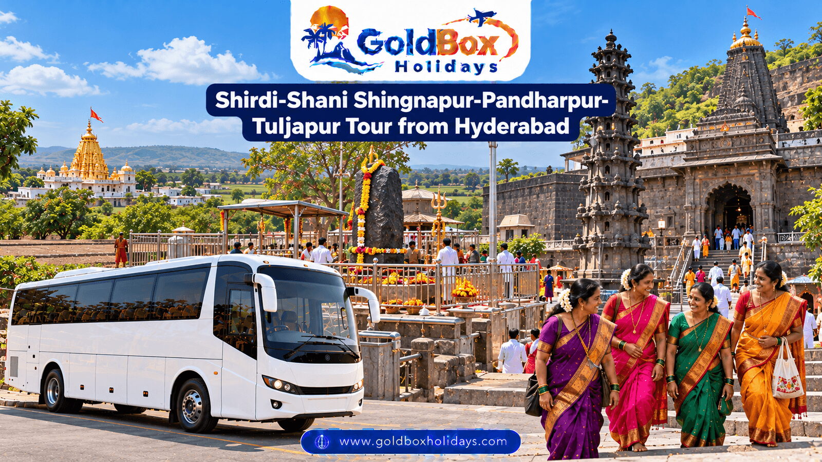 Shirdi spire, Shani Shingnapur stone and Tulja Bhavani temple steps with women pilgrims
