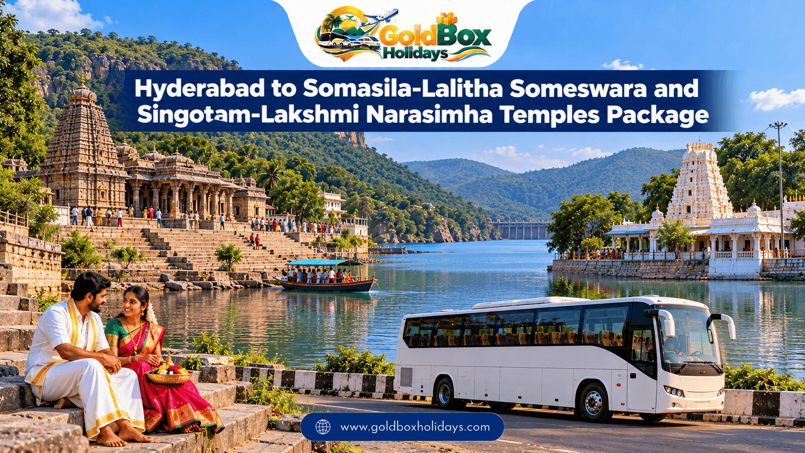 Somasila Krishna backwaters and Singotam temple by its lake with a couple, Karthika tour