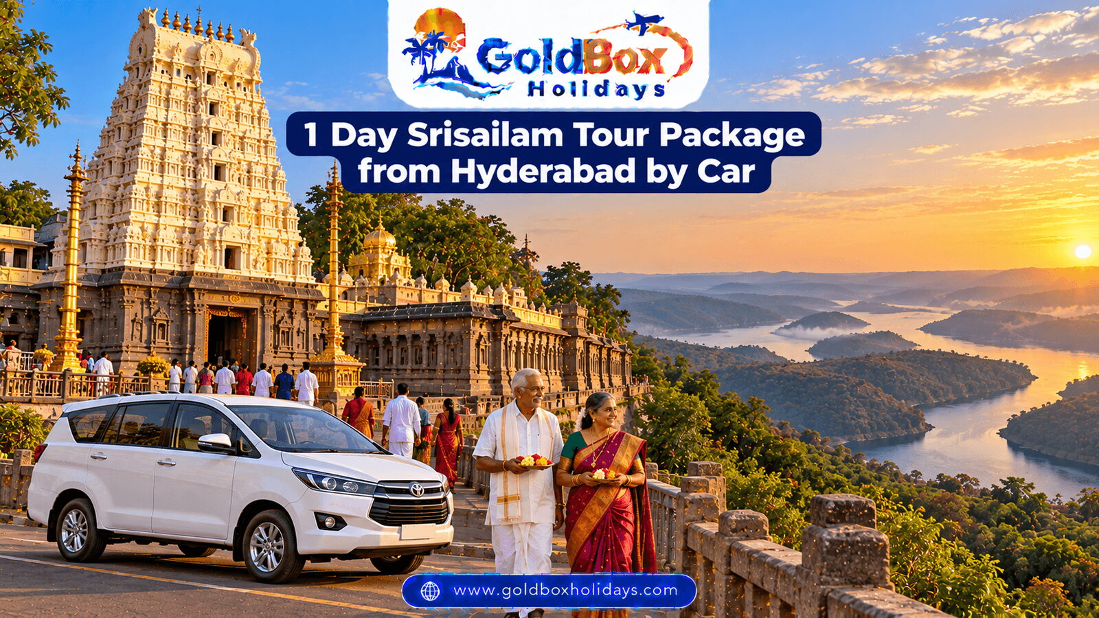 Mallikarjuna temple gopuram at sunrise and the Octopus View Point backwaters at Srisailam