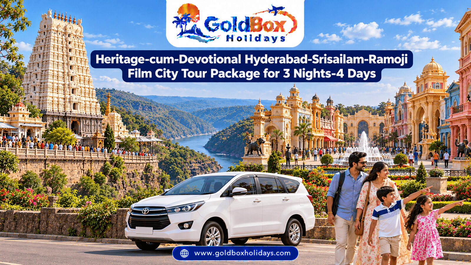 Srisailam temple and Krishna gorge beside a colourful film studio garden with a family