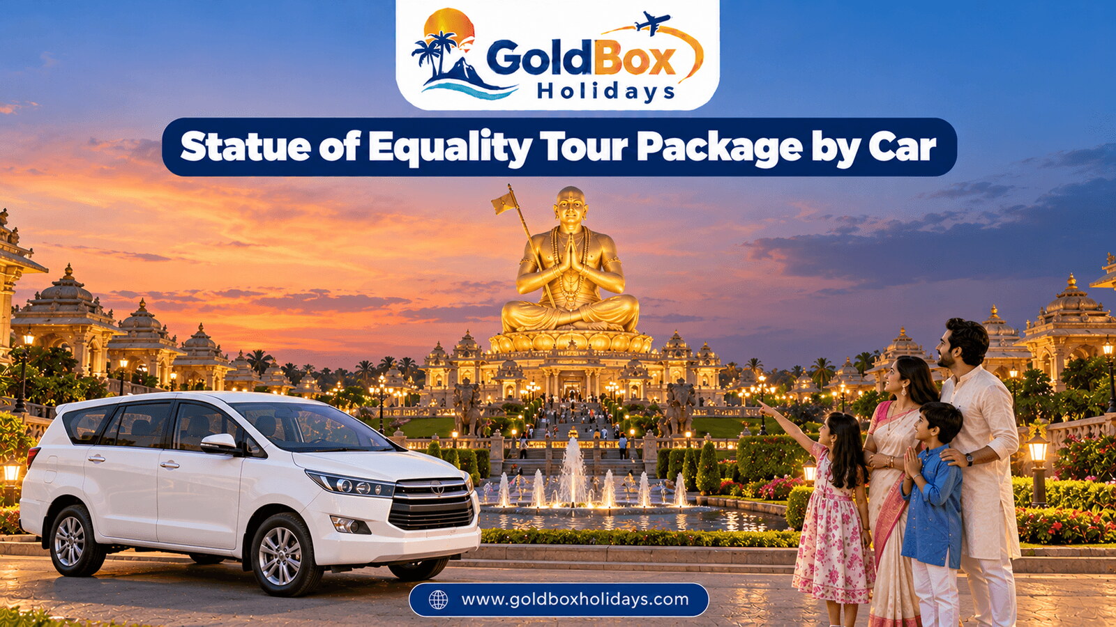 Golden Statue of Equality at dusk with a family watching the fountain, one day trip by car