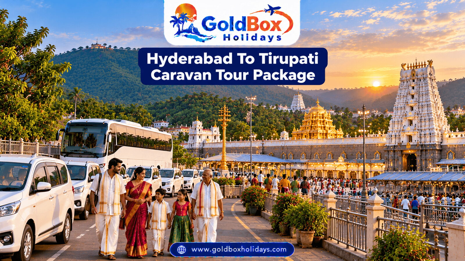 Silathoranam rock arch at sunrise with Tirumala hills and pilgrims, caravan darshan tour