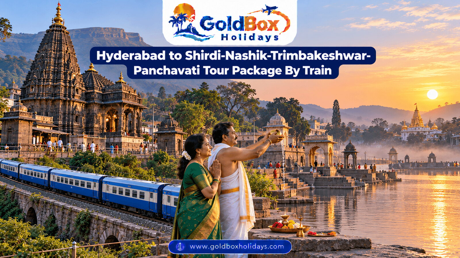 Trimbakeshwar temple under Brahmagiri, Ramkund ghat at Panchavati and Shirdi spire at dawn