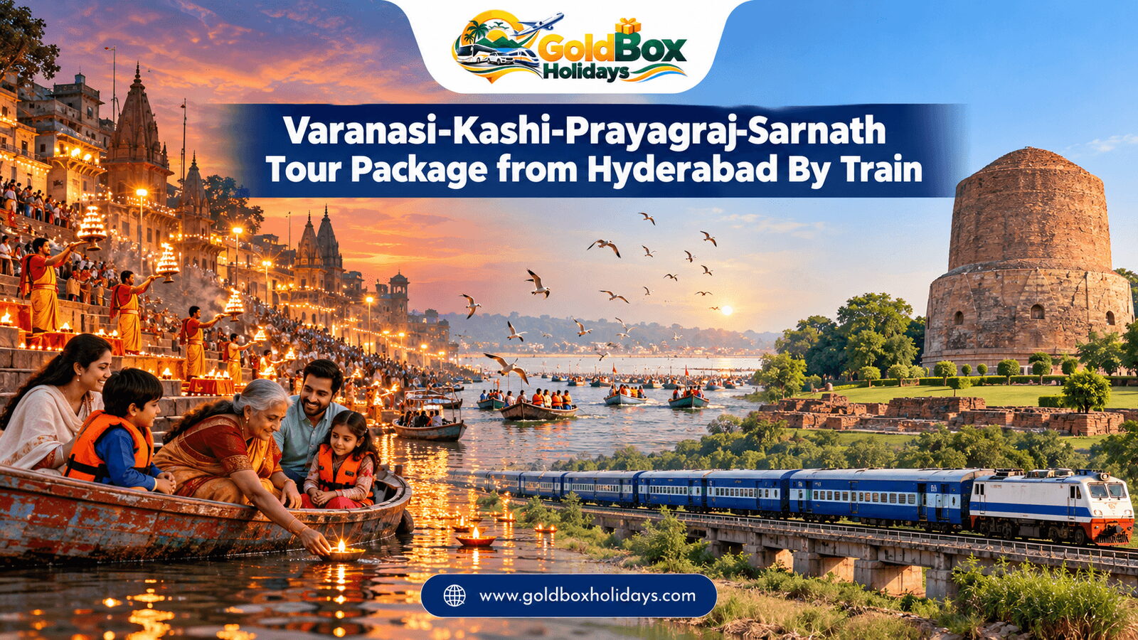 Ganga aarti on the Varanasi ghats, Triveni Sangam boats and Dhamekh Stupa with a family