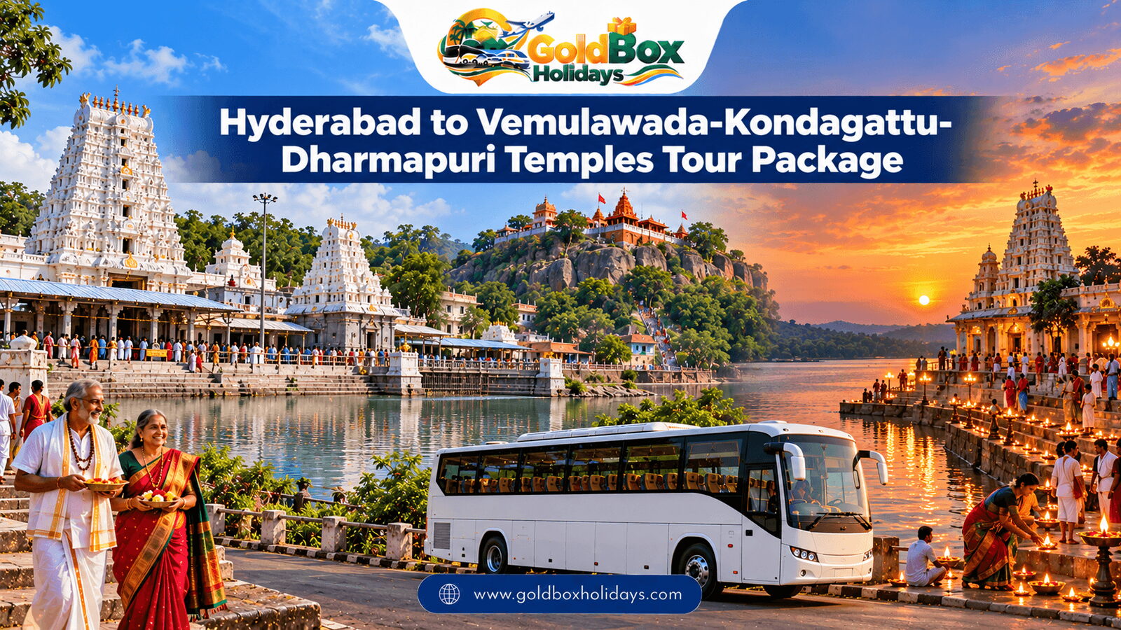 Vemulawada temple tank, Kondagattu hill and Dharmapuri Godavari ghat with an elderly couple