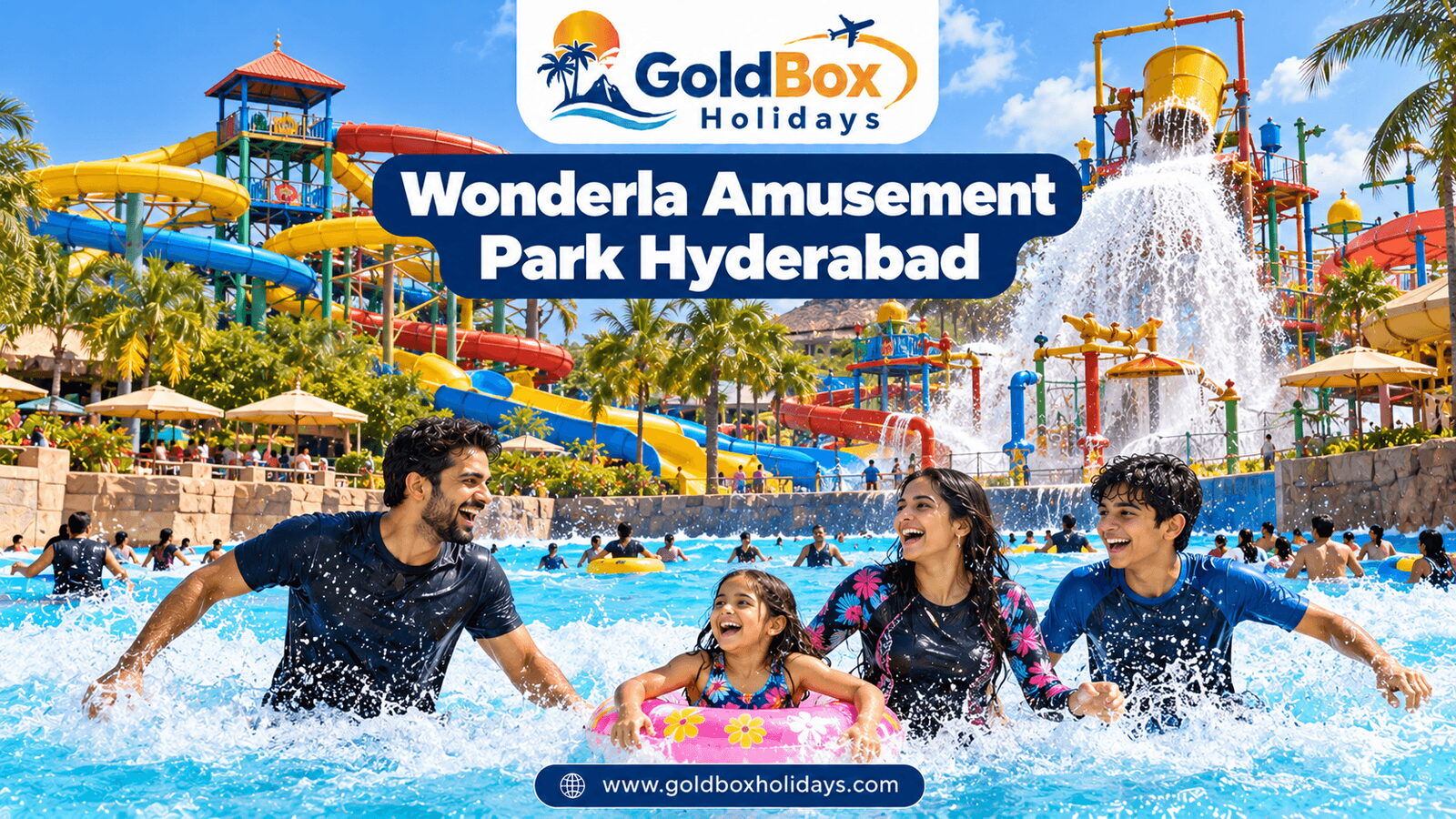 Family splashing in a wave pool with colourful water slides behind, amusement park day