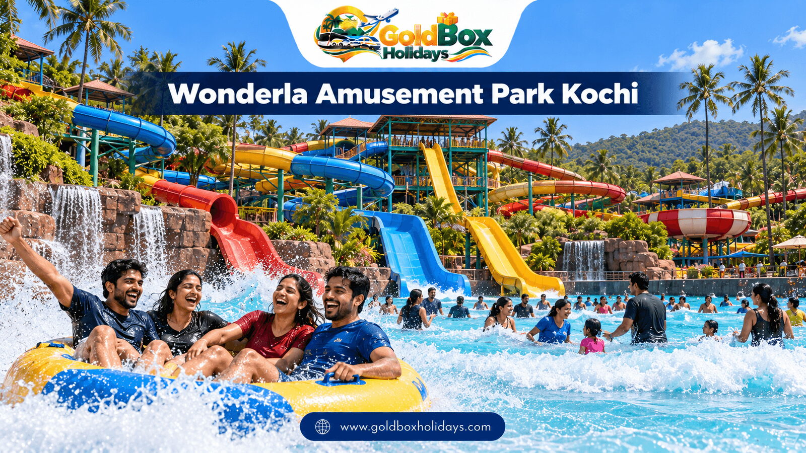 Friends laughing on a water slide at an amusement park in Kochi, one day fun park visit