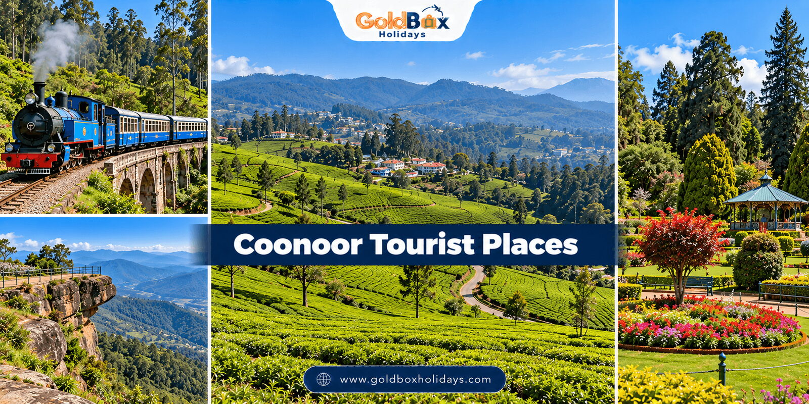 Coonoor tourist places: Coonoor tea gardens on the Nilgiri hills, Nilgiri Mountain Railway toy train, Dolphin's Nose viewpoint, Sim's Park