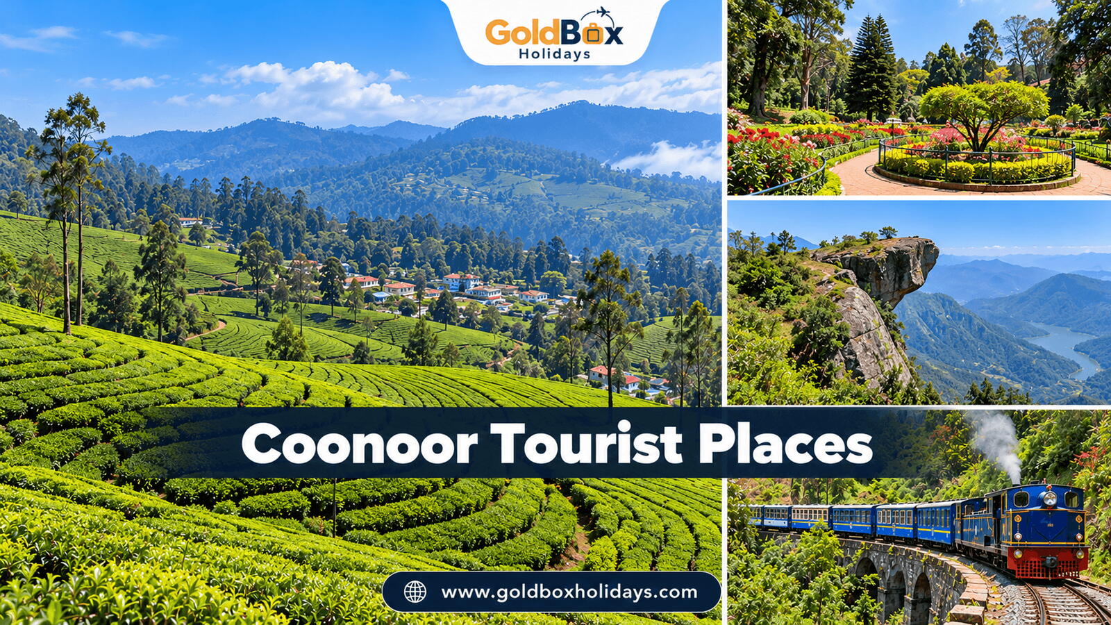 Tourist places in Coonoor: Coonoor tea gardens, Sim's Park, Dolphin's Nose, Nilgiri toy train