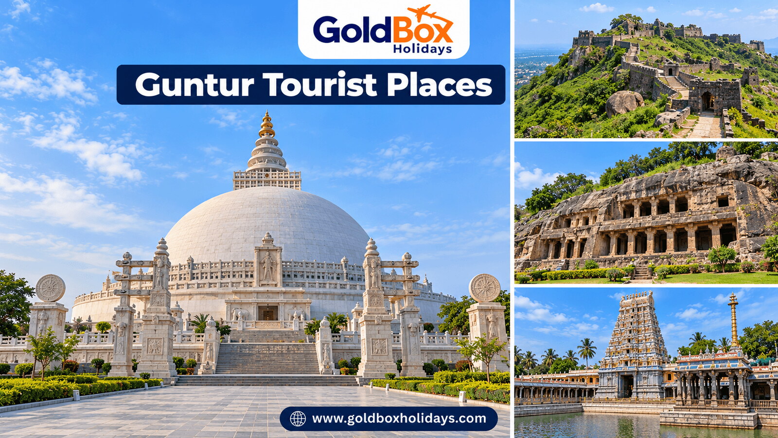 Tourist places in Guntur: Amaravati Buddhist stupa, Kondaveedu Fort, Undavalli Caves, Amaralingeswar