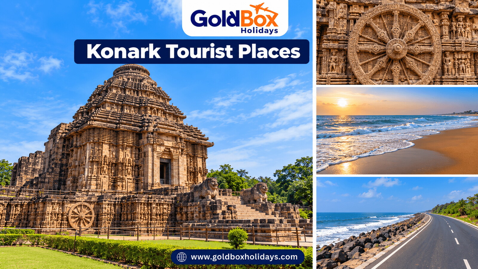 Tourist places in Konark: Konark Sun Temple, a carved chariot wheel of the Sun Temple, Chandrabhaga 