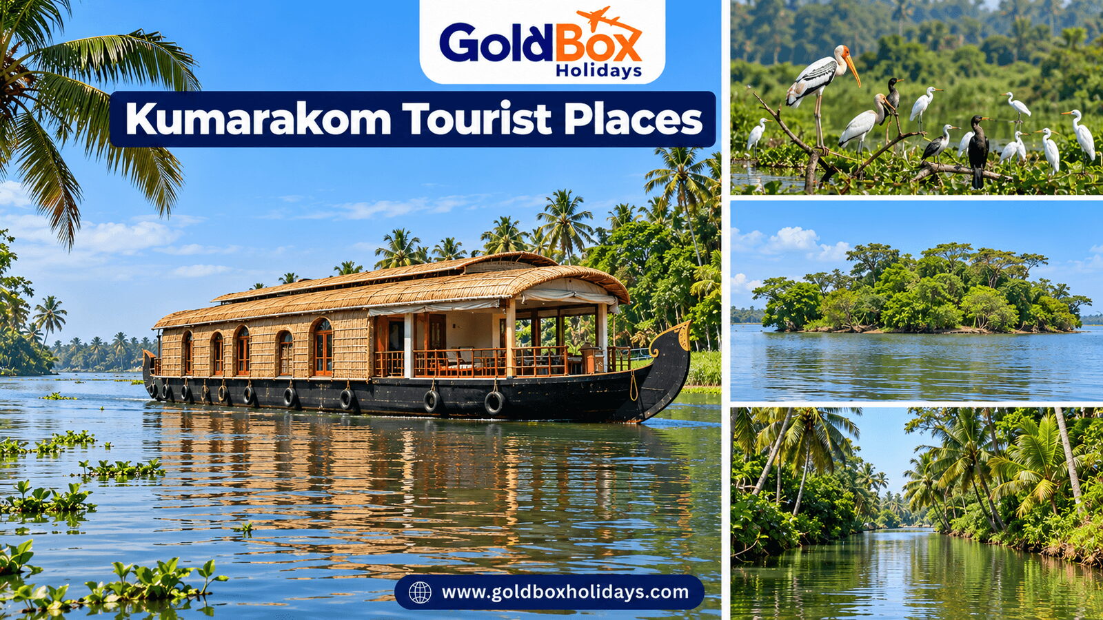 Tourist places in Kumarakom: a houseboat on Vembanad Lake at Kumarakom, Kumarakom Bird Sanctuary, Pa