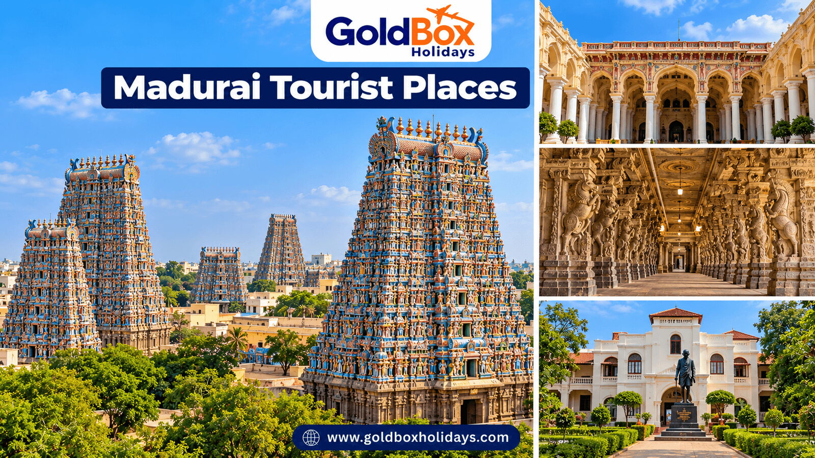 Tourist places in Madurai: Meenakshi Amman Temple gopurams, Thirumalai Nayakkar Mahal, Hall of a Tho