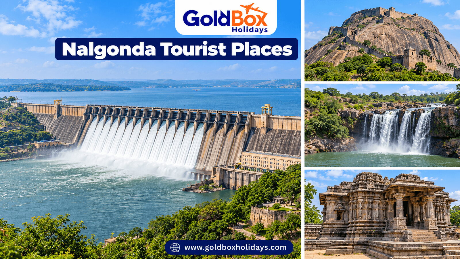 Tourist places in Nalgonda: Nagarjuna Sagar Dam, Bhongir Fort, Ethipothala Falls, Panagal temple